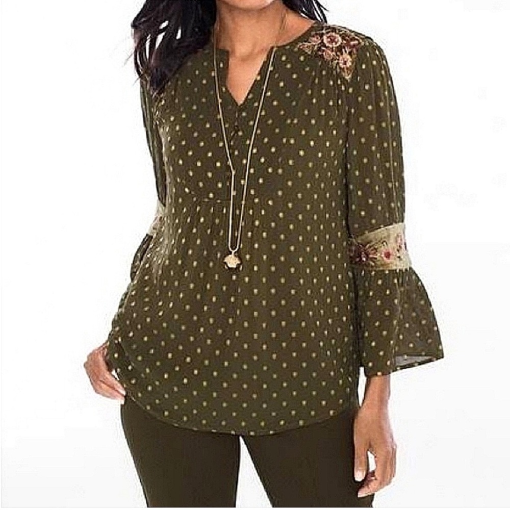 Chicos Olive Polka Dot Women's Top. Size 3.